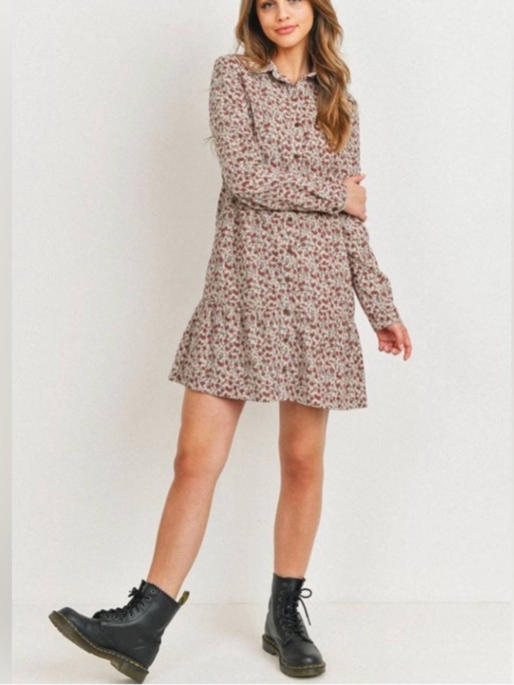 Paper Crane Corduroy Floral Long-sleeve Button Front Collared Dress Small